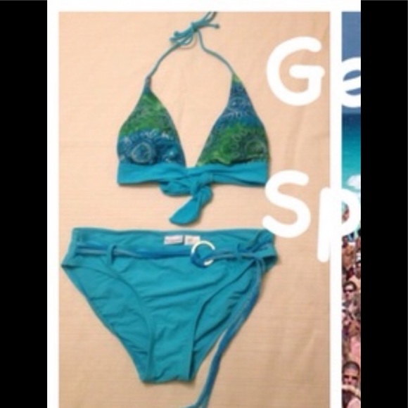 Boho bikini bottom Jr L 11/13 belt blue green aqua - Picture 13 of 15